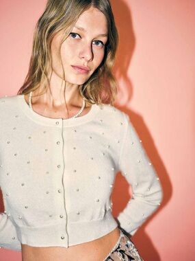 Reformation Janie Cashmere Crew Cardigan with Pearl Details